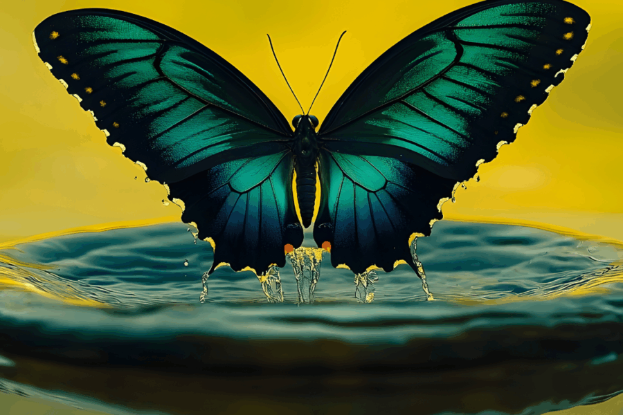the transformation of a butterfly reflected in water