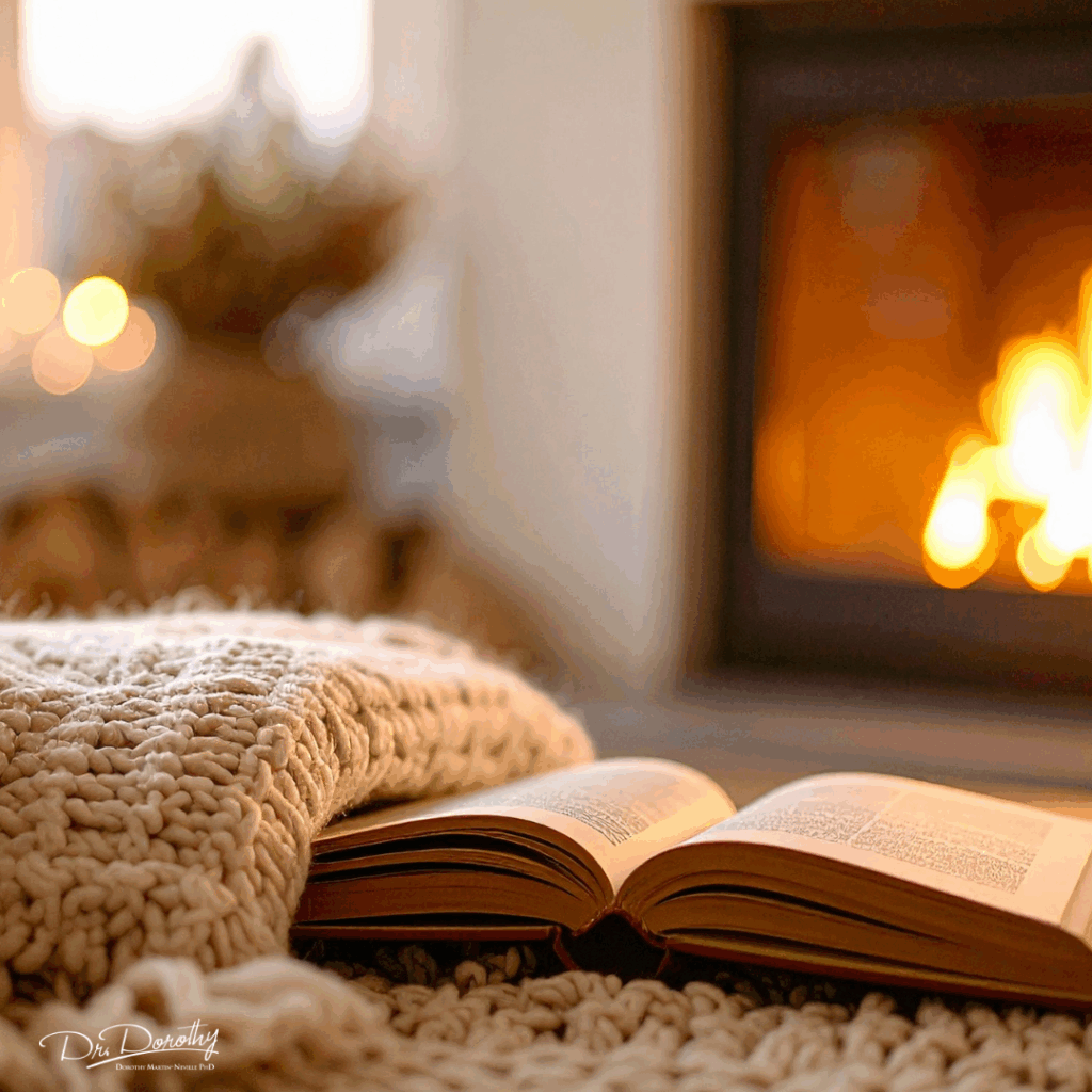 Taking time for rest and self-care reading a book by a fire